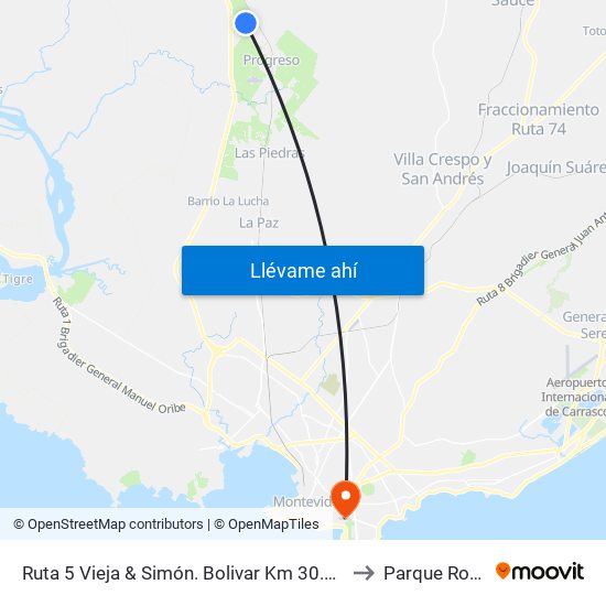 Ruta 5 Vieja & Simón. Bolivar Km 30.100 to Parque Rodó map
