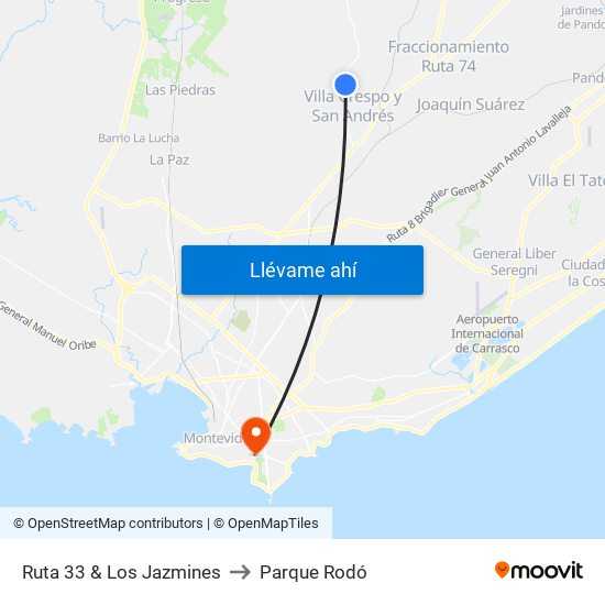 Ruta 33 & Los Jazmines to Parque Rodó map