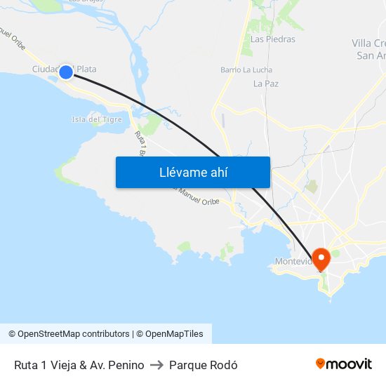 Ruta 1 Vieja & Av. Penino to Parque Rodó map