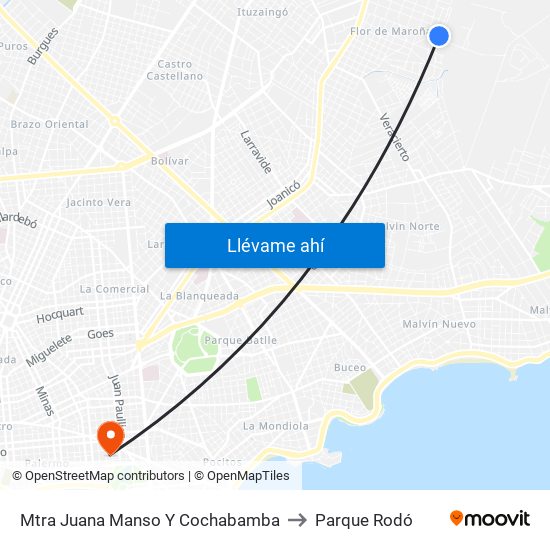Mtra Juana Manso Y Cochabamba to Parque Rodó map