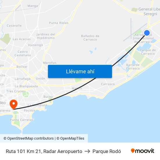 Ruta 101 Km 21, Radar Aeropuerto to Parque Rodó map