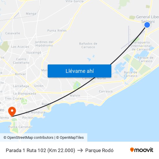 Parada 1 Ruta 102 (Km 22.000) to Parque Rodó map