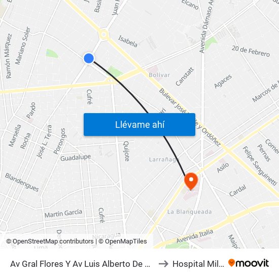 Av Gral Flores Y Av Luis Alberto De Herrera to Hospital Militar map