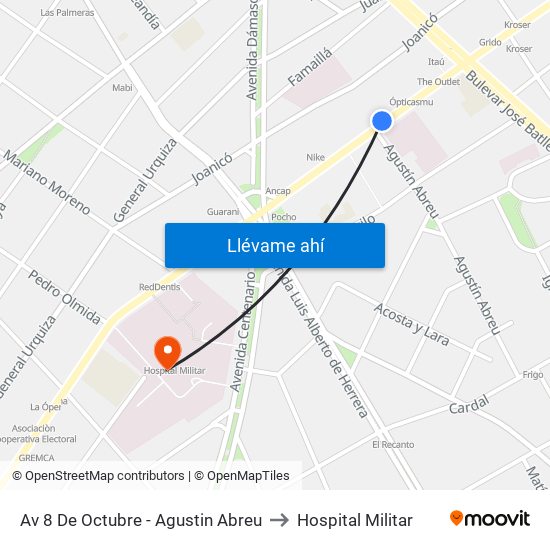 Av 8 De Octubre - Agustin Abreu to Hospital Militar map