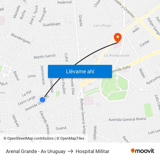 Arenal Grande - Av Uruguay to Hospital Militar map