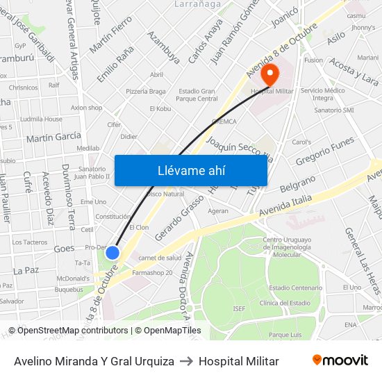 Avelino Miranda Y Gral Urquiza to Hospital Militar map
