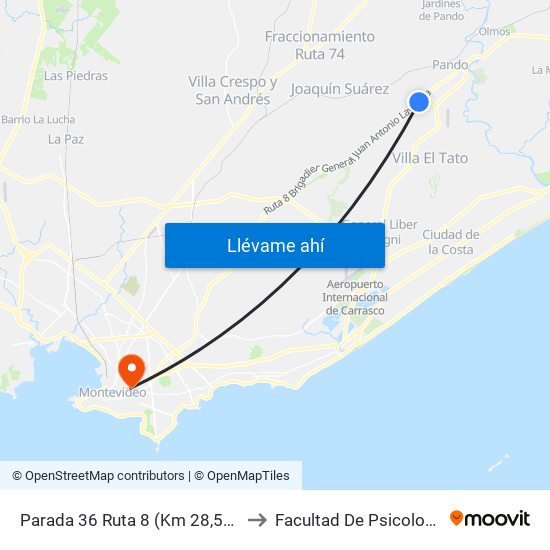 Parada 36 Ruta 8 (Km 28,500) to Facultad De Psicología map