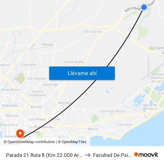 Parada 21 Ruta 8 (Km 22.000 Arroyo Toledo) to Facultad De Psicología map