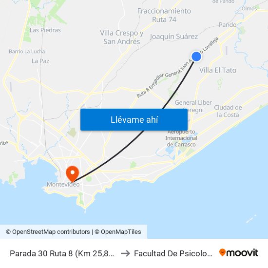 Parada 30 Ruta 8 (Km 25,800) to Facultad De Psicología map