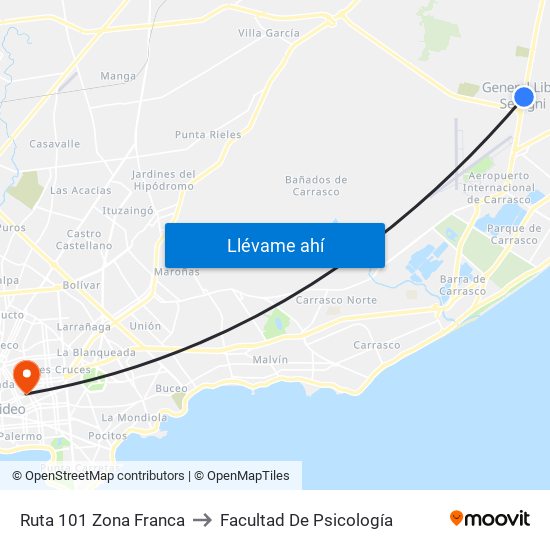 Ruta 101 Zona Franca to Facultad De Psicología map