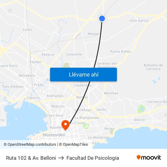 Ruta 102 & Av. Belloni to Facultad De Psicología map
