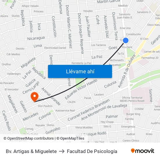 Bv. Artigas & Miguelete to Facultad De Psicología map