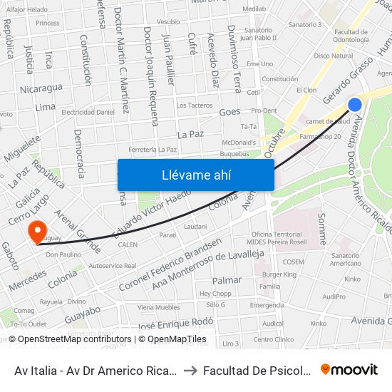 Av Italia - Av Dr Americo Ricaldoni to Facultad De Psicología map