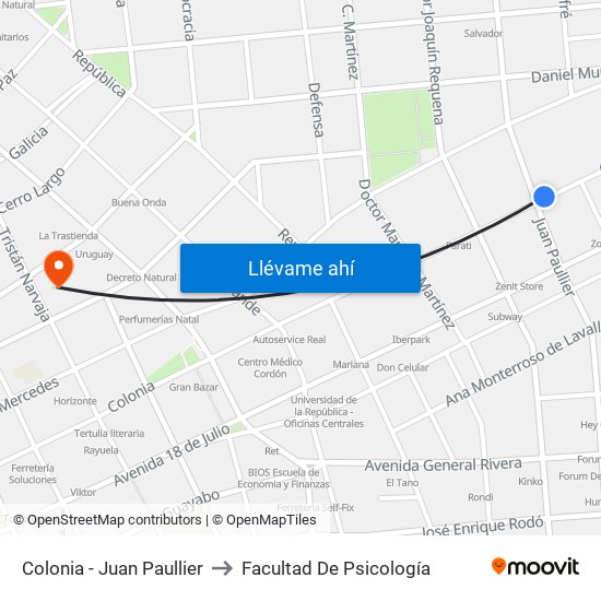 Colonia - Juan Paullier to Facultad De Psicología map