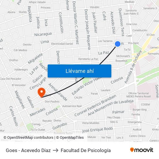 Goes - Acevedo Diaz to Facultad De Psicología map