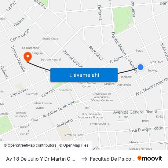 Av 18 De Julio Y Dr Martin C Martinez to Facultad De Psicología map