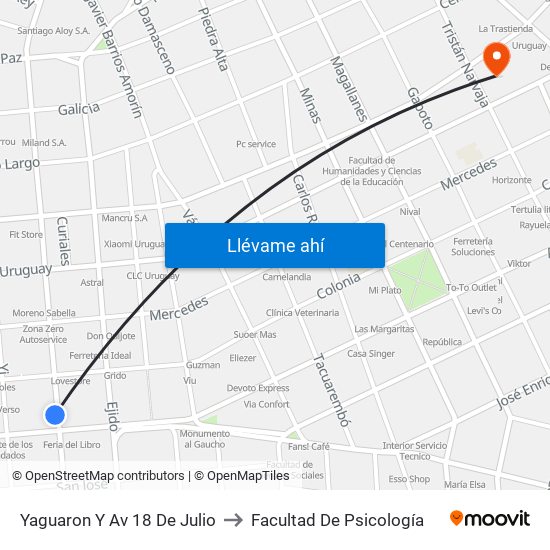 Yaguaron Y Av 18 De Julio to Facultad De Psicología map