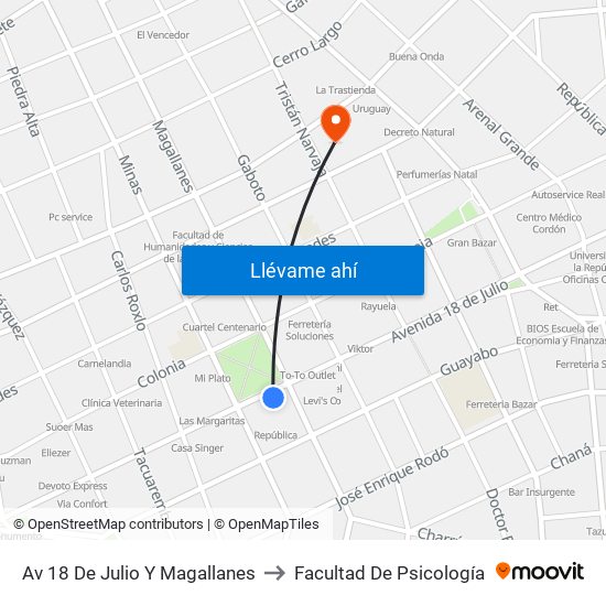 Av 18 De Julio Y Magallanes to Facultad De Psicología map