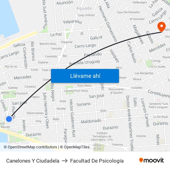 Canelones Y Ciudadela to Facultad De Psicología map