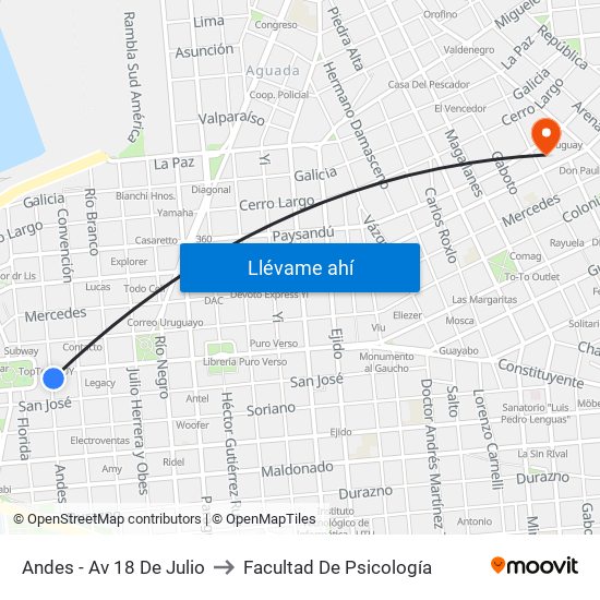 Andes - Av 18 De Julio to Facultad De Psicología map