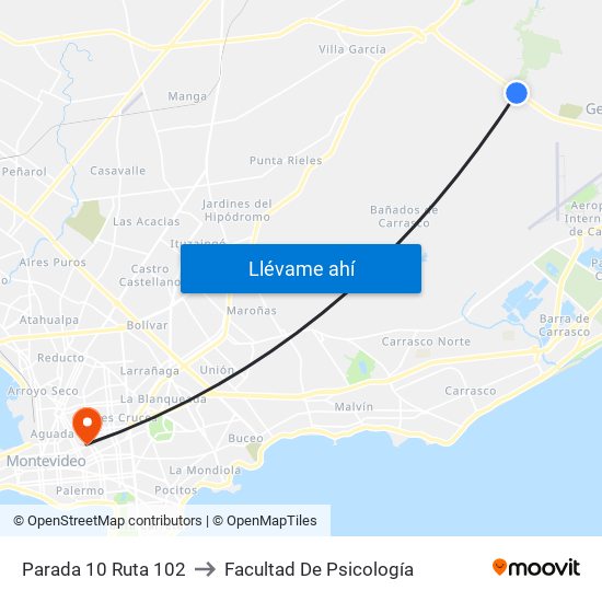 Parada 10 Ruta 102 to Facultad De Psicología map