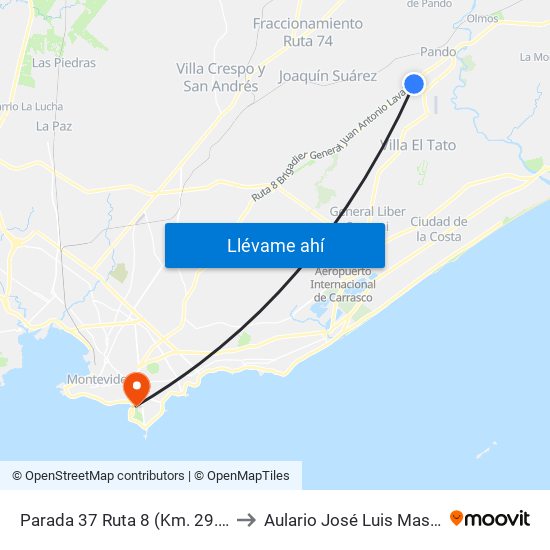 Parada 37 Ruta 8 (Km. 29.000) to Aulario José Luis Massera map