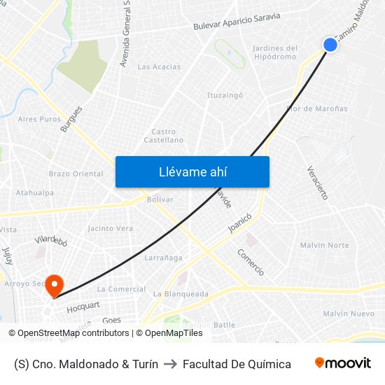 (S) Cno. Maldonado & Turín to Facultad De Química map