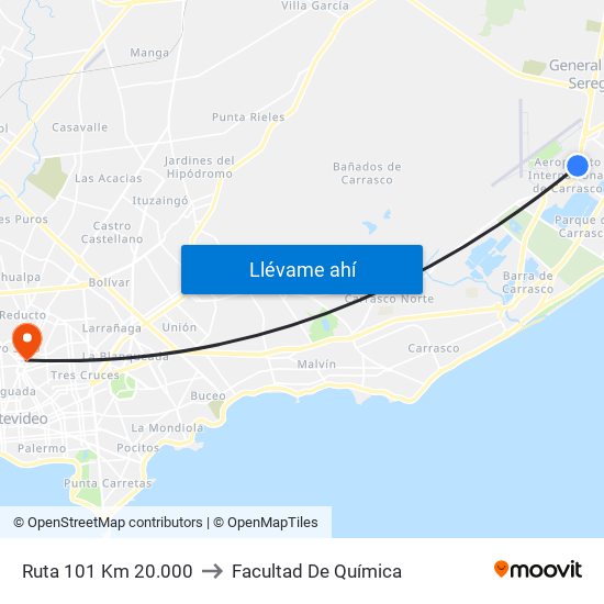 Ruta 101 Km 20.000 to Facultad De Química map