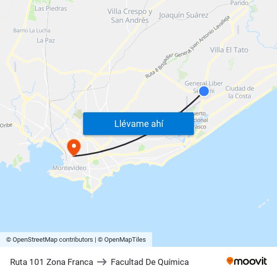 Ruta 101 Zona Franca to Facultad De Química map