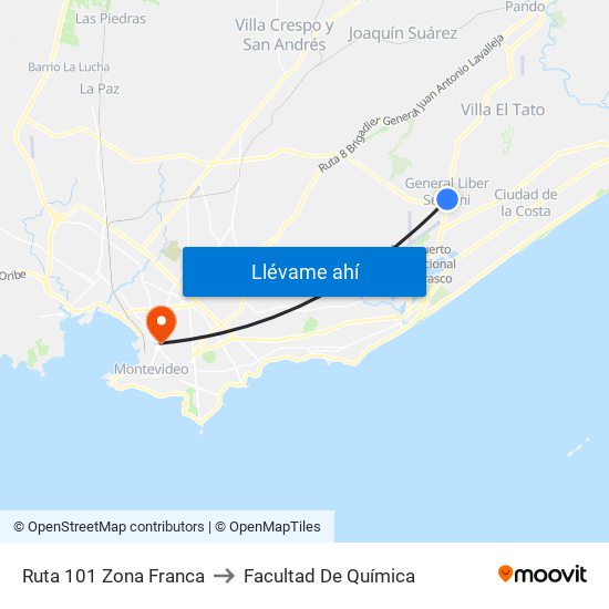 Ruta 101 Zona Franca to Facultad De Química map