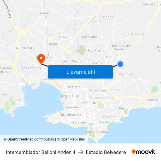 Intercambiador Belloni Andén 4 to Estadio Belvedere map