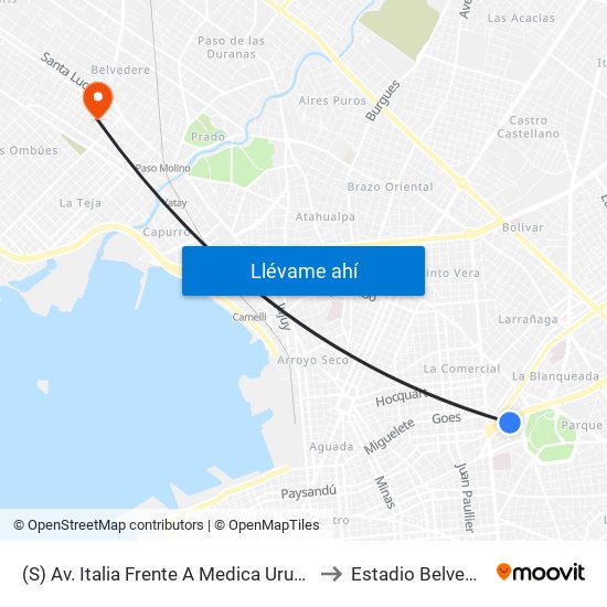 (S) Av. Italia Frente A Medica Uruguaya to Estadio Belvedere map