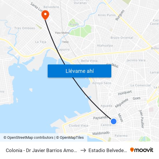 Colonia - Dr Javier Barrios Amorin to Estadio Belvedere map