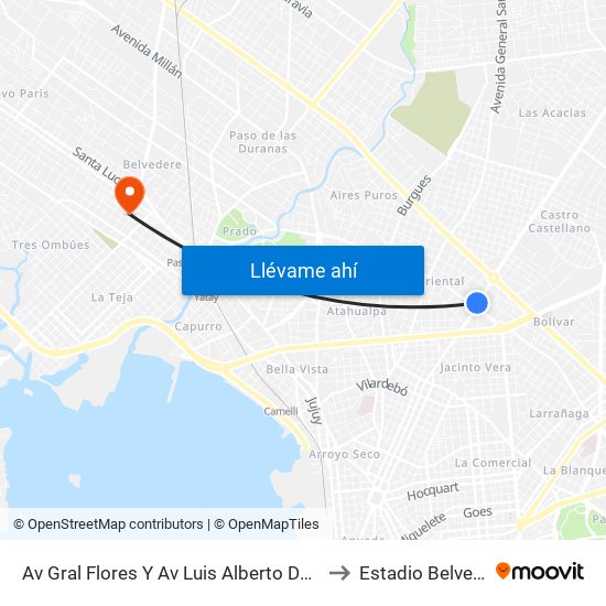 Av Gral Flores Y Av Luis Alberto De Herrera to Estadio Belvedere map