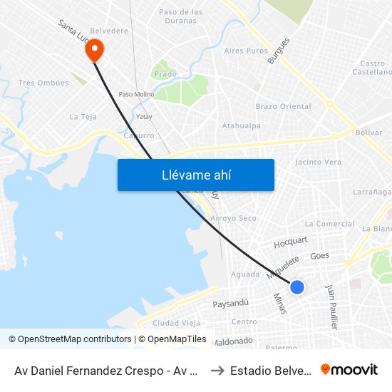 Av Daniel Fernandez Crespo - Av Uruguay to Estadio Belvedere map