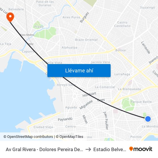 Av Gral Rivera - Dolores Pereira De Rossell to Estadio Belvedere map