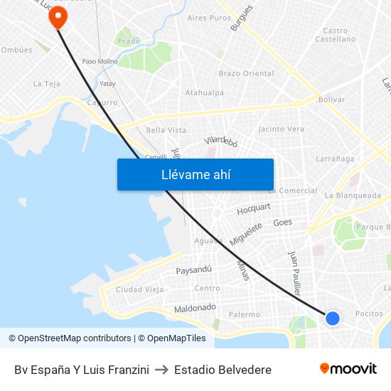 Bv España Y Luis Franzini to Estadio Belvedere map