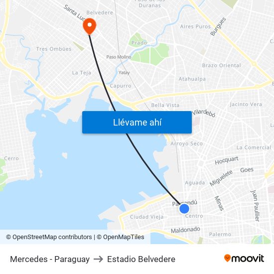 Mercedes - Paraguay to Estadio Belvedere map