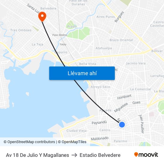 Av 18 De Julio Y Magallanes to Estadio Belvedere map