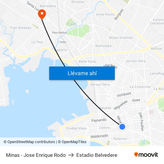 Minas - Jose Enrique Rodo to Estadio Belvedere map