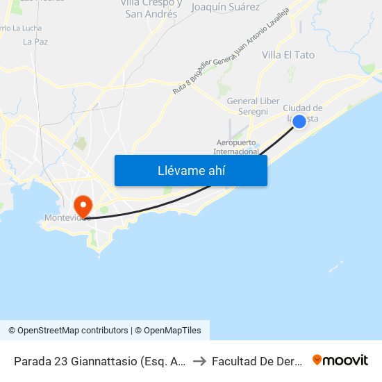 Parada 23 Giannattasio (Esq. Artigas) to Facultad De Derecho map