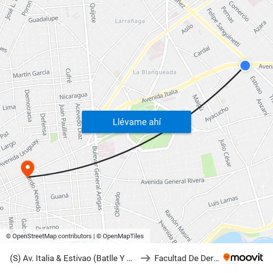 (S) Av. Italia & Estivao (Batlle Y Ordóñez) to Facultad De Derecho map