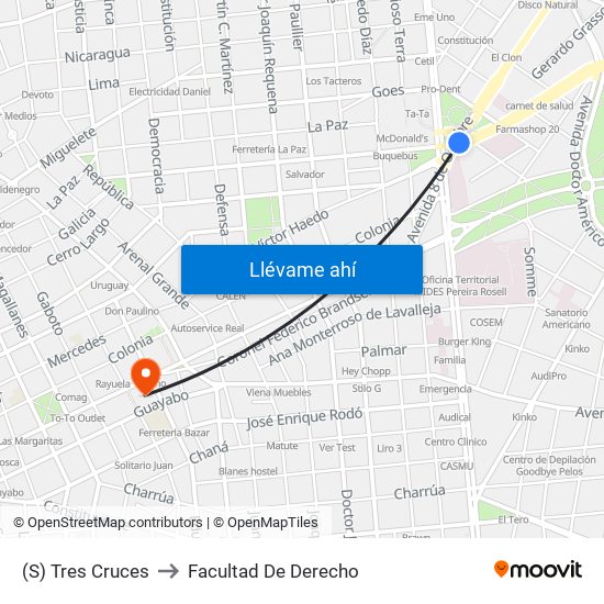 (S) Tres Cruces to Facultad De Derecho map