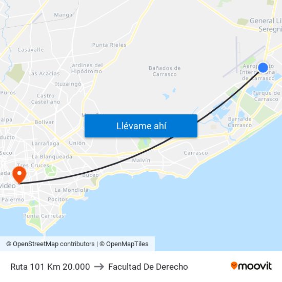 Ruta 101 Km 20.000 to Facultad De Derecho map