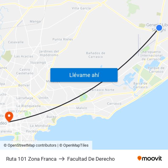 Ruta 101 Zona Franca to Facultad De Derecho map