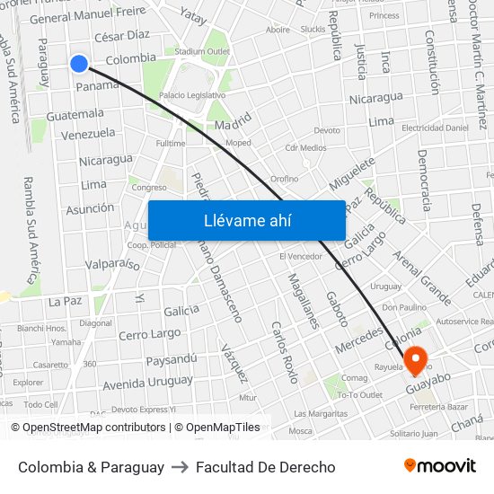 Colombia & Paraguay to Facultad De Derecho map