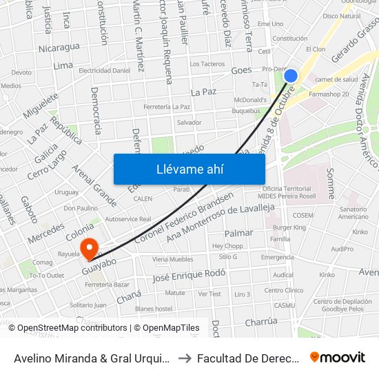 Avelino Miranda & Gral Urquiza to Facultad De Derecho map