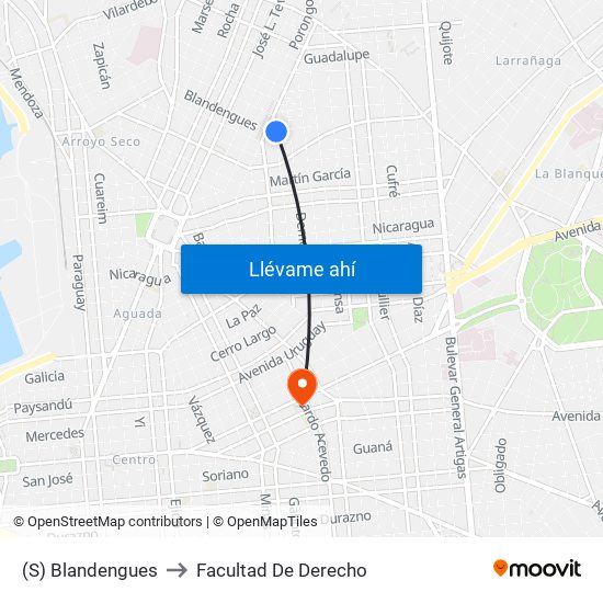 (S) Blandengues to Facultad De Derecho map