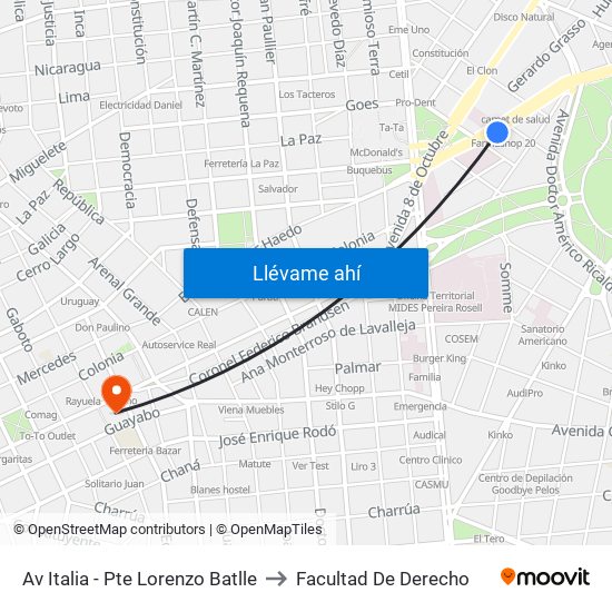 Av Italia - Pte Lorenzo Batlle to Facultad De Derecho map