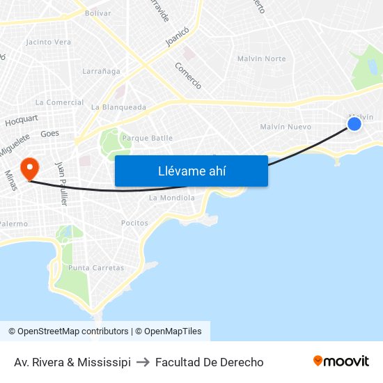 Av. Rivera & Mississipi to Facultad De Derecho map
